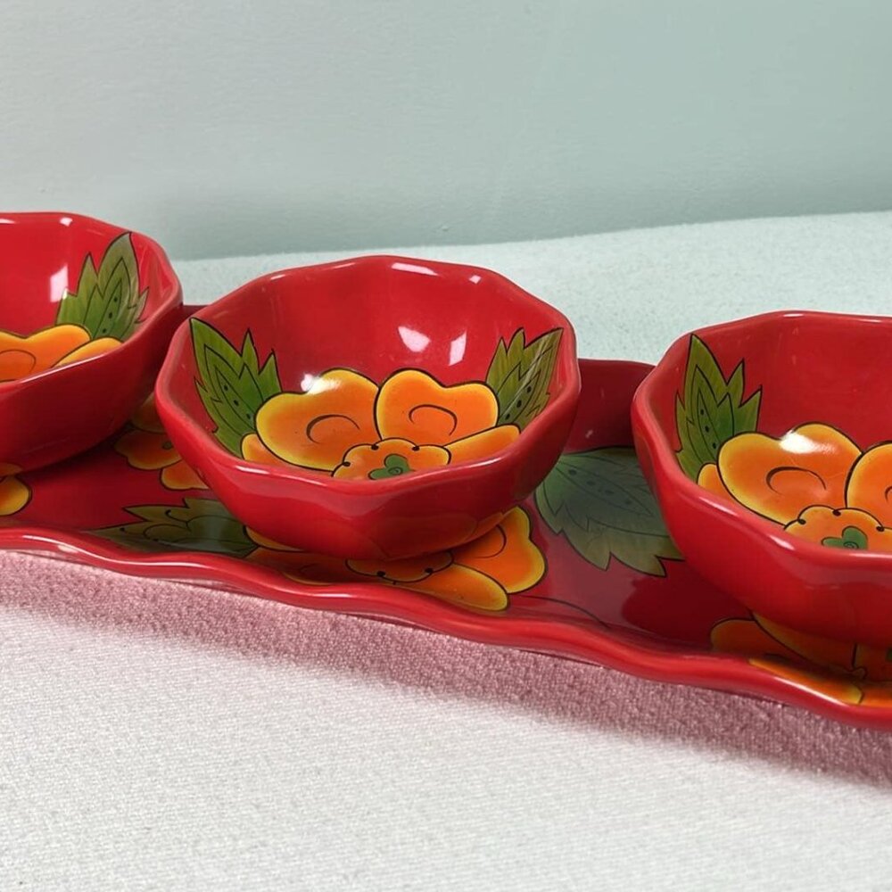 TempTations Retired Poppy Passion Serving Tray W/3 Bowls Chips & Salsa Time